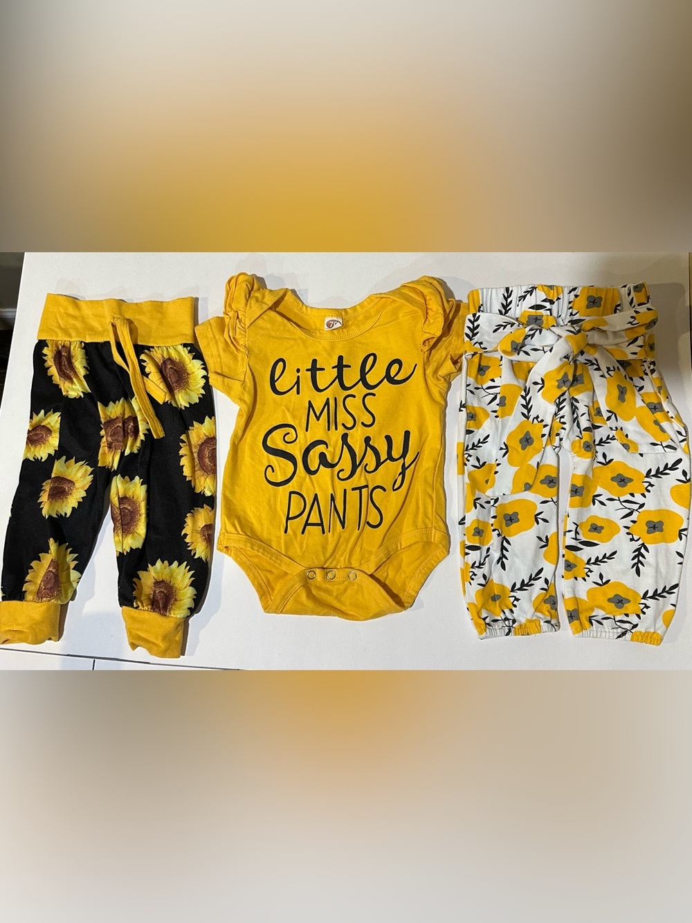 Yellow "Little Miss Sassy Pants" Baby Bodysuit - Playful Sunflower Set